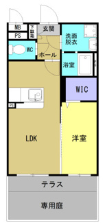 フルール103の間取り図 1LDK40.80㎡ ウォークインクローゼットとテラス