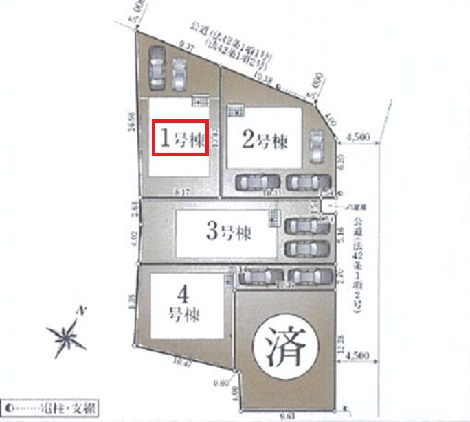 清瀬市下宿2丁目・全5棟　新築一戸建　1号棟の区画図|【全5棟・1号棟】
並列駐車2台可能です。(車種制限あり)