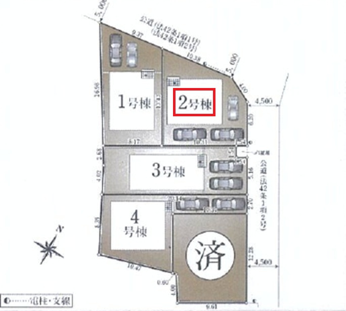 清瀬市下宿2丁目・全5棟　新築一戸建　2号棟の区画図|【全5棟・2号棟】
駐車3台可(車種制限あり)、日当たり・通風良好な北東角地です。