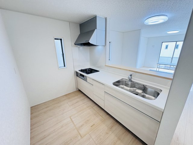 松戸市六高台６丁目新築戸建【六実小学校：7分】のキッチン|広々システムキッチン・シンクの水栓には浄水器がついてます！