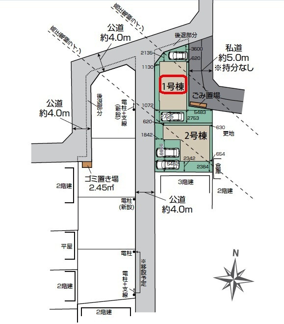 入間市上藤沢・全2棟　新築一戸建　1号棟の区画図|【全2棟・1号棟】カースペース2台・北西角地・土地面積123.39平米（約37.32坪）
