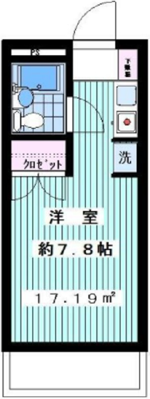 ハウス久が原の間取り|南向きバルコニー南東角部屋の1R洋室7.8帖表記ですが
1Rですので実際は6帖程となります。