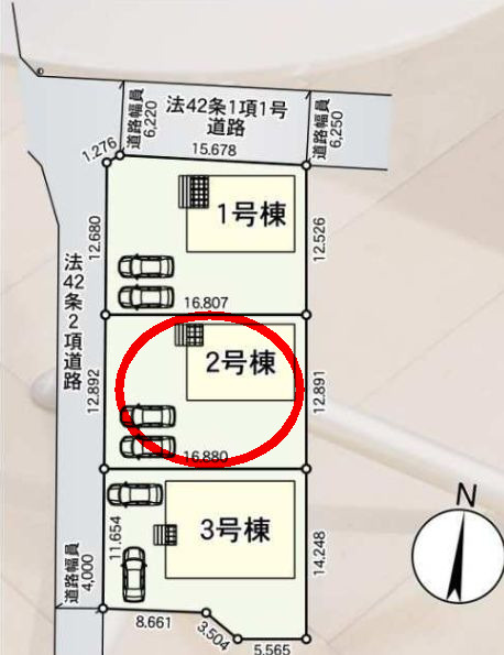 クレイドルガーデン前橋市公田町第１　２号棟の区画図|駐車場２台以上ご用意しています！
並列駐車なので、車の出し入れもしやすいですよ！