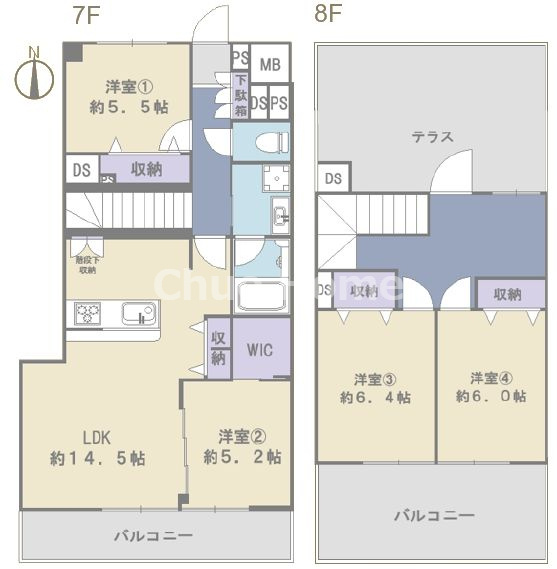 東陽町グリーンハイツの間取り|最上階・南向きにつきまして日当たり・通風・眺望良好。メゾネットタイプ・4LDK＋ウォークインクローゼット。新規リノベーションマンション。