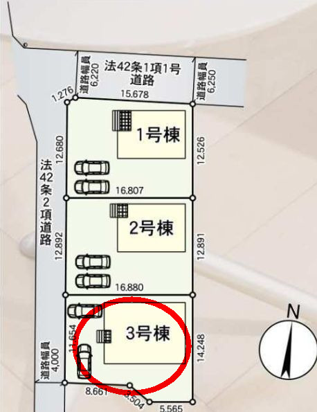 クレイドルガーデン前橋市公田町第１　３号棟（平屋）の区画図|駐車場２台以上ご用意しています！
並列駐車なので、車の出し入れもしやすいですよ！