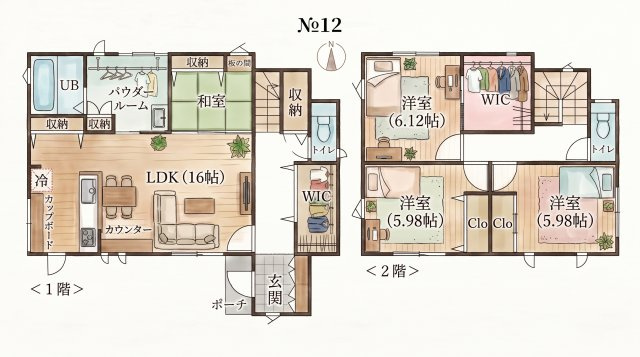 イチエHOUSE分譲　周南市下上の間取り|№12
タタミコーナーを隣接させた16帖LDKの間取り。パウダールームや1階・2階のウォークインクローゼット、階下収納など豊富な収納スペースを備えています。
