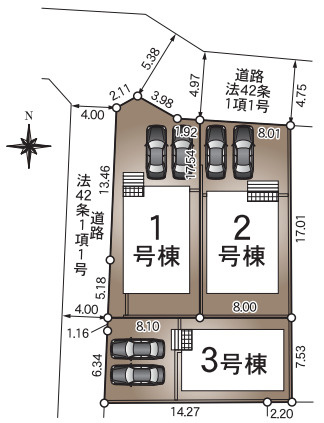 「買い物も移動もスムーズ」高知市愛宕町第1　2号棟新築一戸建ての区画図|全棟並列駐車可能◎前道や敷地内のゆとりある配置で、お車の出し入れや陽当たりも良好です♪