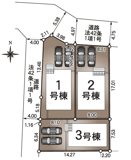 高知市愛宕町3丁目　第1　新築戸建　2号棟　（全3区画）の区画図|２号棟　4LDK+テレワークルーム　　土地面積　138.26㎡（約41.82坪）建物面積　 110.97㎡   （約33.56坪）