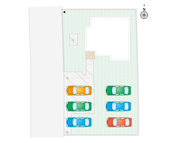 【4号棟：区画図・駐車場配置図】敷地の広さを活かした大容量のカースペースを確保。普段の駐車はもちろん、来客時や将来の増車、趣味のスペースとしてもマルチに活用できるゆとりある区画です。