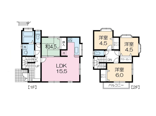 【間取り】 | 太井中古戸建 | 4つの居室とゆとりあるLDKを備えた4LDKの中古戸建。子育て世帯にうれしい、個室と団らんの場がそろう間取りです。明るく開放的なLDKは対面キッチン仕様で、家事をしながらお子様を見守れます。