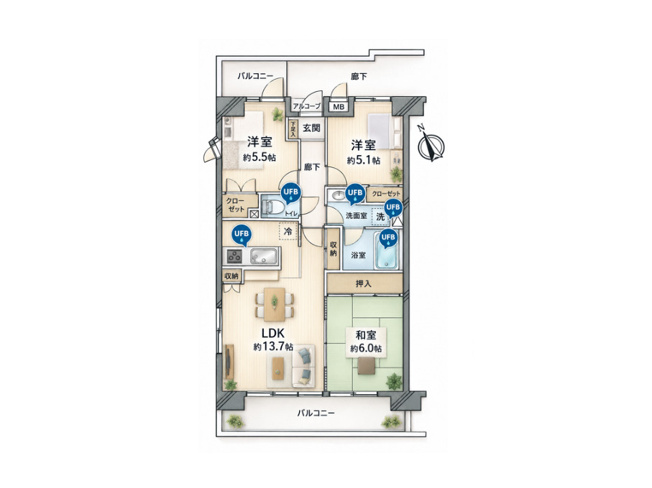 【間取り】 | すまいる館京王北野 | 3つの居室とゆとりあるLDKを備えた3LDKの中古マンション。家族が集まるリビングと個室のバランスがよい間取りです。回遊しやすい家事動線と豊富な収納で、忙しい毎日もゆとりをもって過ごせます。