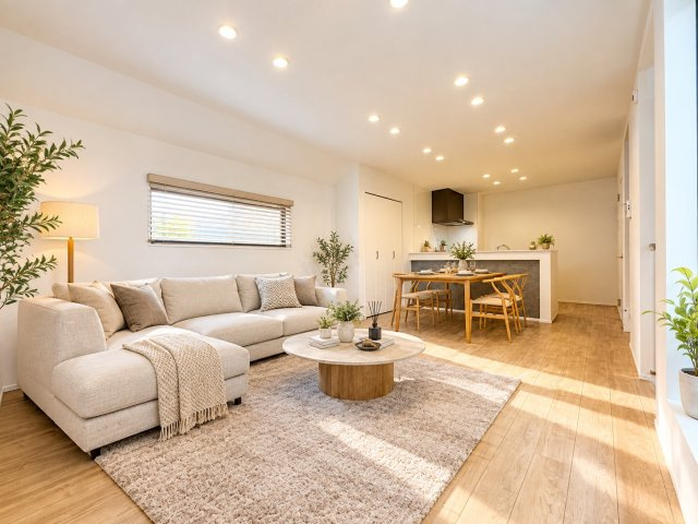 草加市手代２丁目　新築分譲住宅　限定１邸の居間・リビング|【リビングダイニング】明るい光が射し込む、広々リビングダイニング。家族とのコミュニケーションがさらに広がります。　※写真は施工例です