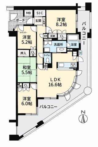 約16.6帖の広々LDKを中心としたゆとりある4LDK！東南角部屋ならではの開放感と明るさが魅力♪全居室に収納を備え、シューズインクロークや専用ポーチ付き！家族それぞれの個室も確保できる間取りです。