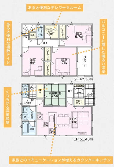 【間取り】 | 太田市新田上江田町第1　クレイドルガーデン | 16帖LDKを中心に、2階テレワークルームやワイドバルコニーを備えた現代的な4LDKです♪