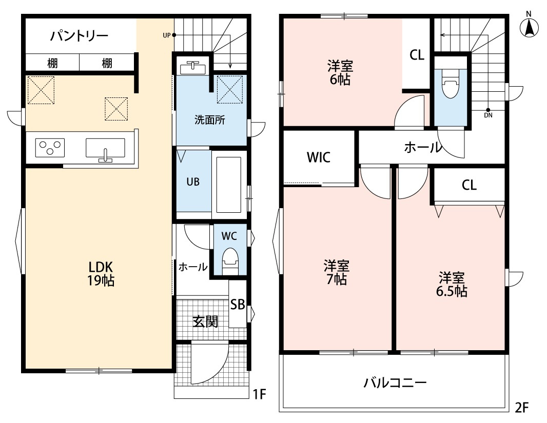 小牧市久保一色南２丁目　新築戸建　A号棟の間取り|広々LDK19帖にはゆとりのパントリーあり♪
ウォークインクローゼットあり。