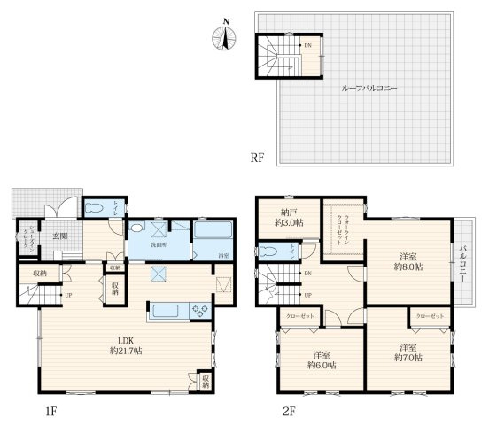 【間取り】 | つくば市下河原崎　中古戸建 | 約21.7帖の広々としたLDKを中心に、ゆとりある居住空間を確保した間取り♪ 
さらに、屋上には広々としたルーフバルコニーがあり、開放感あふれる暮らしを楽しめます。