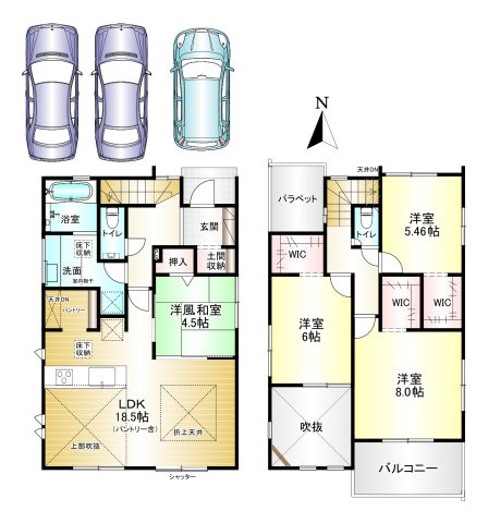 北葛城郡広陵町笠 ２号棟 の間取り|4LDK　土地面積：148.82㎡　建物面積：106.34㎡　駐車スペース3台