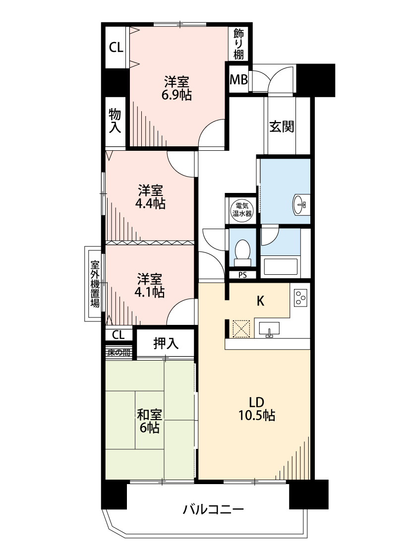 バンベール城山の間取り|4LDK・LDK+和室6帖のゆとりある空間！南西角部屋