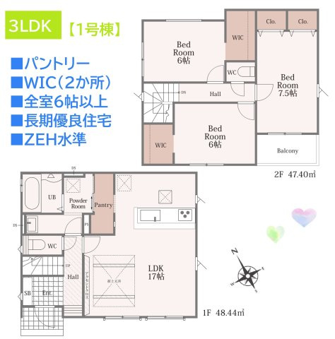 秦野市曽屋8期　全2棟　1号棟の間取り|全室6帖以上とゆとりがあるので、インテリアが楽しめます☆
キッチン横のパントリーには、日用品などたっぷり収納可能◎