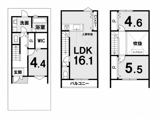 戸建 城陽市富野鷺坂山の間取り|吹抜けのある開放的な2階LDKは約16.1帖♪ トップライトからの自然光が心地よい、明るくゆとりのある住空間！各居室の収納に加え、WICやパントリーも備えた、暮らしやすさが魅力の3LDKです♪