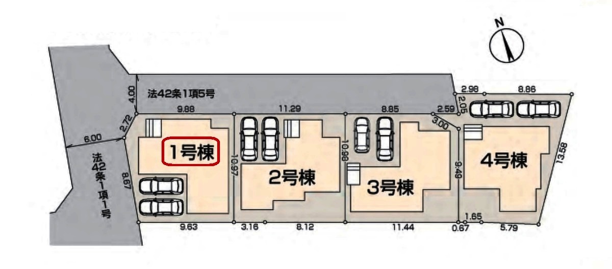 入間市東藤沢6丁目・全4棟　新築一戸建　1号棟の区画図|【全4棟・1号棟】北西角地・土地面積114.26平米（約34.56坪）