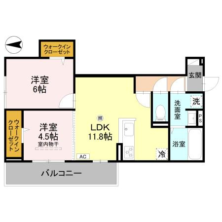 GRAMM殿城 の間取り|ウォークインクローゼット2ヵ所付き。明るい2LDK洋室