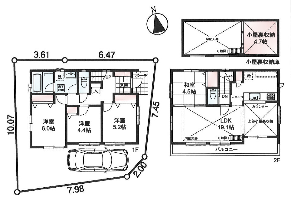 練馬区旭町2丁目　東南角地×建築条件なし　限定1区画の参考プラン|4LDK+小屋裏収納+カースペース　敷地面積 89.17ｍ2　建物面積 89.09ｍ2 ／ 建物価格 2,420万円　土地建物総額 7,680万円