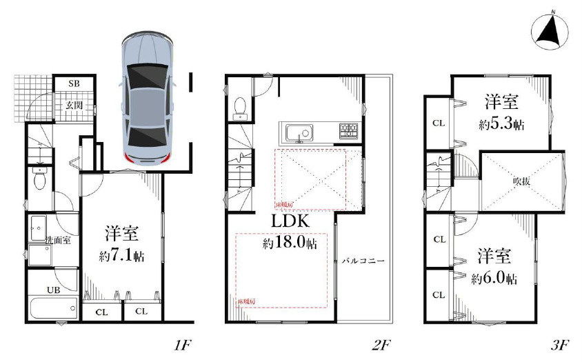 練馬区石神井町4丁目　急行停車駅×角地　車庫付ハイグレード住宅　限定1棟の間取り|3LDK　土地面積86.98m2　建物面積97.09m2