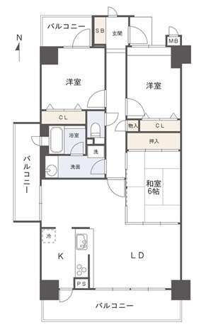 アルファステイツ北本町弐番館の間取り|最上階８階の南西角部屋です。３面バルコニーで日当り・通風良好。室内とてもきれいに使用されています。