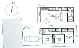 【土地図＋建物プラン例】 | 【仲介手数料無料！！】日野市多摩平6丁目　売地（全3区画）第2区画　4690万円 | ①建物プラン87.07㎡、価格1600万円（税込）、土地建物総額5490万円