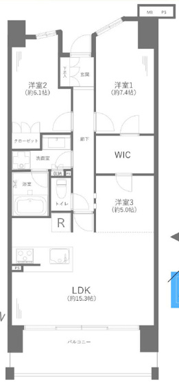 【間取り】 | ライオンズ茅ヶ崎ザ・アイランズⅡ街区（10階） | 3LDK+WIC（75.35㎡）