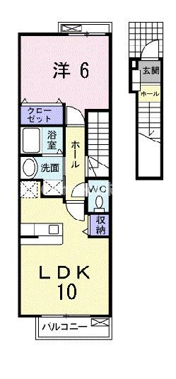 【間取り】 | クレメントＢ | 洋室6畳とLDK10畳の1LDKです。