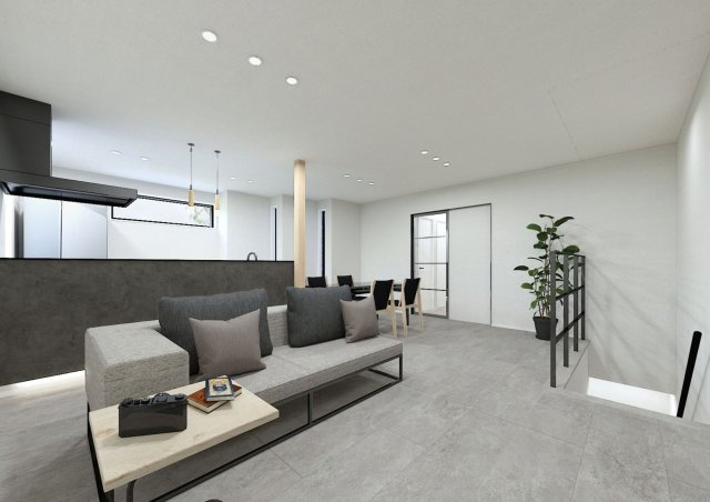 戸塚区戸塚町　新築戸建て　第5の居間・リビング|◆家族で食卓を囲むダイニングスペースと、ソファでゆったりくつろぐリビングスペースがしっかり区切られているので家具の配置や用途を使いわけしやすいです。