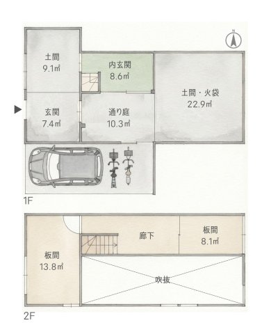 京都駅南 構造美を仰ぐ、甦りの京町家の間取り|嬉しい駐車スペースつき