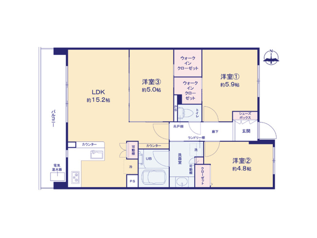 【間取り】 | レクセルガーデン相模原 | 3つの居室とゆとりあるLDKを備えた3LDKの中古マンション。家族が集まるリビングと個室のバランスがよい間取りです。大きな窓から光が差し込む開放的なリビングは、家族が自然と集まる場所になります。