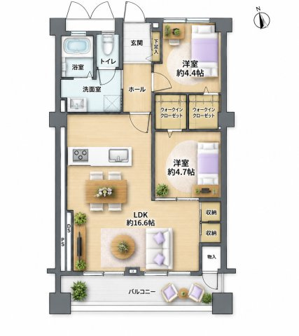 【間取り】 | ニュー千早団地　4号棟☆仲介手数料無料☆ |  ※本図に表示されている家具・家電・照明・インテリア・観葉植物等は、AIによる配置イメージです。実際には設置されておらず、売買対象にも含まれません。図面と現況が相違する場合は、現況を優先いたします。