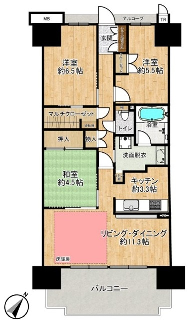 ウエリス光明池の間取り|鉄筋コンクリート造15階建　3階部分
専有面積72.79㎡　3LDK