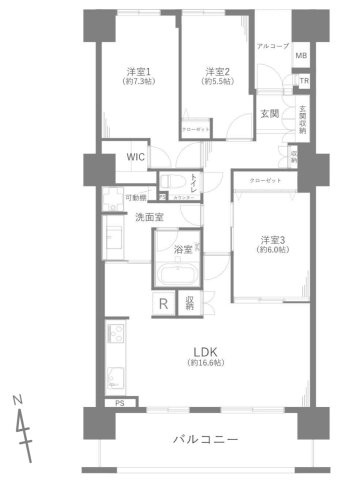 レジアスフォート新浦安Ｇ棟の間取り|専有面積85.22㎡のゆとりある3LDK。バルコニー面積14.00㎡やアルコーブ4.13㎡も備えた開放的な間取りです。収納も豊富でファミリーにもぴったりの住まいです。