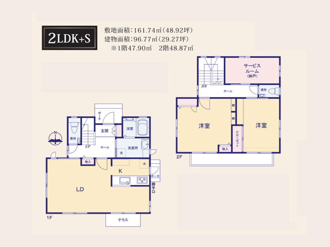 【間取り】 | 片倉町中古戸建 | 2つの居室とLDKに納戸（サービスルーム）を加えた2SLDKの中古戸建。収納にも在宅ワークにも活躍します。陽光がたっぷり差し込む明るいリビングで、家族の時間を心地よく過ごせます。新生活の舞台にどうぞ。