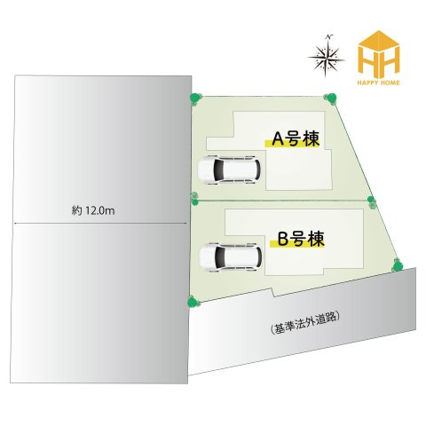 ハートフルタウン一ヶ谷町新築一戸建て│2SLDK+駐車1台可（ビルトインガレージ）の区画図|全2区画の分譲地です。
