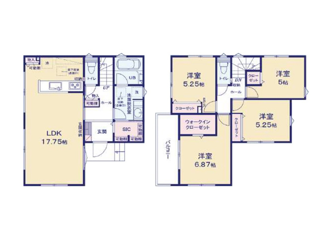 【間取り】 | 志木市柏町6丁目　新築一戸建住宅　全1棟　(志木本店) | LDK約17.75帖×4LDK！家族それぞれのプライベート空間を確保できる邸宅。
独立したLDKはエアコンの冷暖気を室外に逃がしにくいので省エネにもつながります。
