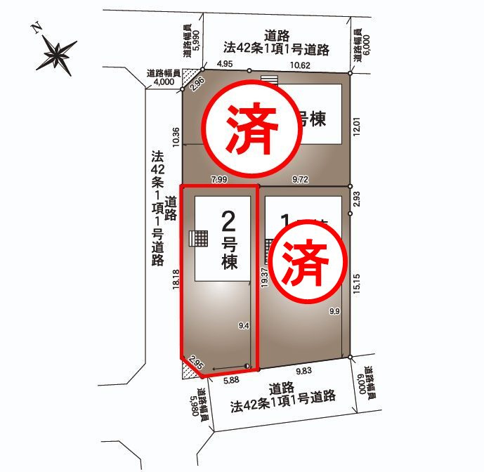 鏡石町境　　　2号棟　　　鏡石第１小学校、鏡石中学区の区画図