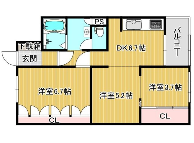 住吉台住宅2号棟の間取り|全室フローリング　開口部有り　通風良好