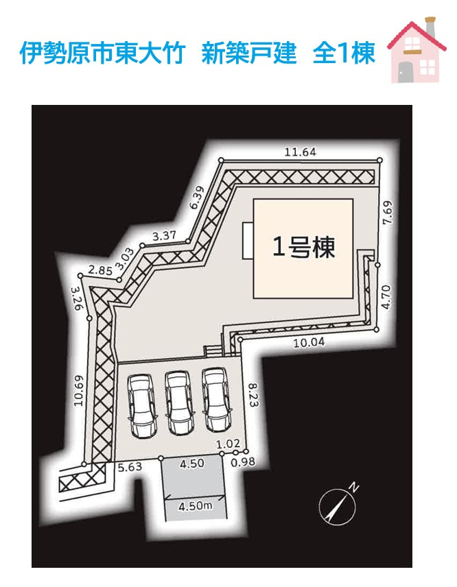 伊勢原市東大竹　新築戸建　全1棟の区画図|約９６坪の広大な敷地にはカースペース並列3台駐車可能です。
おうち時間の幅がさらに広がる庭付物件◎