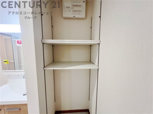 洗面室の可動式棚になります。洗剤や清掃道具など様々な収納に大変便利です。