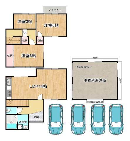 事務所兼倉庫付き戸建ての間取り