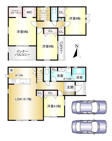 大和高田市今里町 01期　全２棟の間取り|4LDK　土地面積：147.45ｍ2　建物面積：112.61ｍ2　駐車２台可