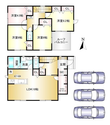 大和高田市今里町 01期全２棟の間取り|3SLDK　土地面積：147.00ｍ2　建物面積：105.99ｍ2　駐車３台可