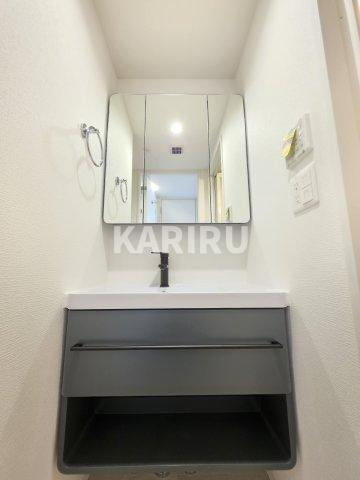 セレニテ蒲生四丁目駅前アリエの洗面所|階数・部屋によってカラーパターン違い（カームブルー・ヘリンボーン・マーブルグレー）