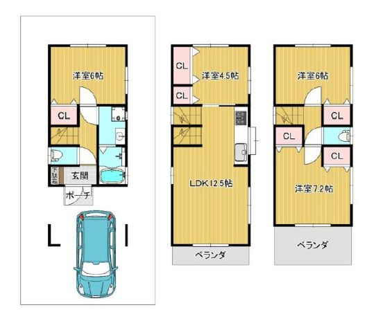 【間取り】 | 豊島区池袋本町１丁目　中古戸建て | カースペース付で部屋数豊富な使いやすい4LDKプラン